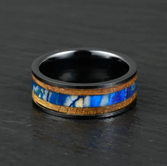 Black Ceramic Whiskey Barrel Blue Mammoth Fossil Men's Wedding Band 8MM