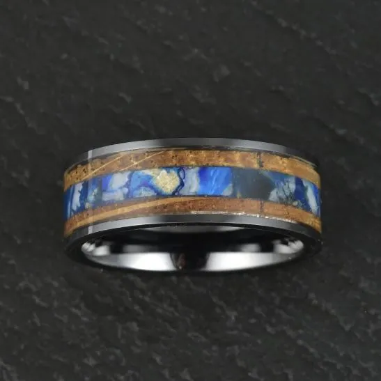 Black Ceramic Whiskey Barrel Blue Mammoth Fossil Men's Wedding Band 8MM