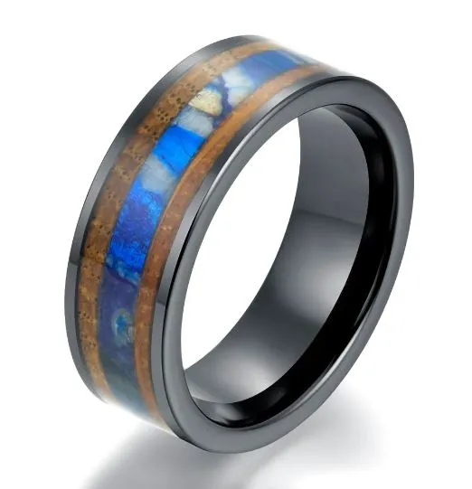Black Ceramic Whiskey Barrel Blue Mammoth Fossil Men's Wedding Band 8MM