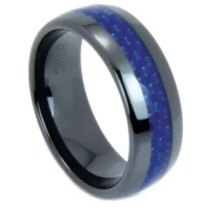 Black Wedding Band 8mm Blue Carbon Fiber Dome Ring High Tech Ceramic Sz 7 - 13