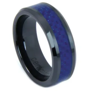 Black Wedding Band 8mm Blue Carbon Fiber Flat Ring High Tech Ceramic Beveled Edge Sz 7 - 13