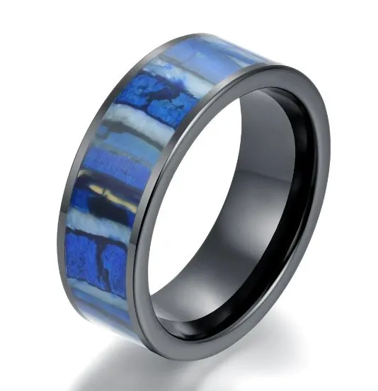 Blue Black Ceramic Mammoth Fossil Men's Wedding Band 8MM