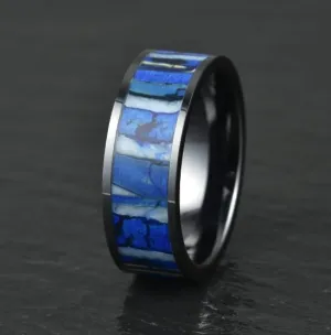 Blue Black Ceramic Mammoth Fossil Men's Wedding Band 8MM