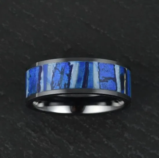 Blue Black Ceramic Mammoth Fossil Men's Wedding Band 8MM