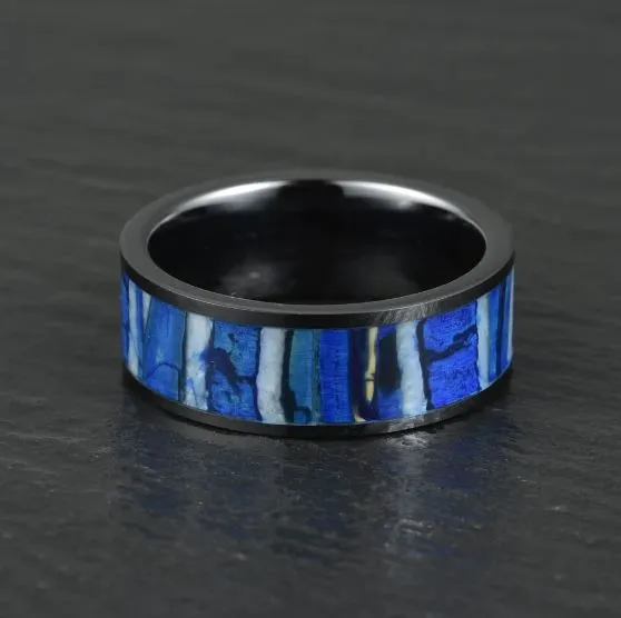 Blue Black Ceramic Mammoth Fossil Men's Wedding Band 8MM