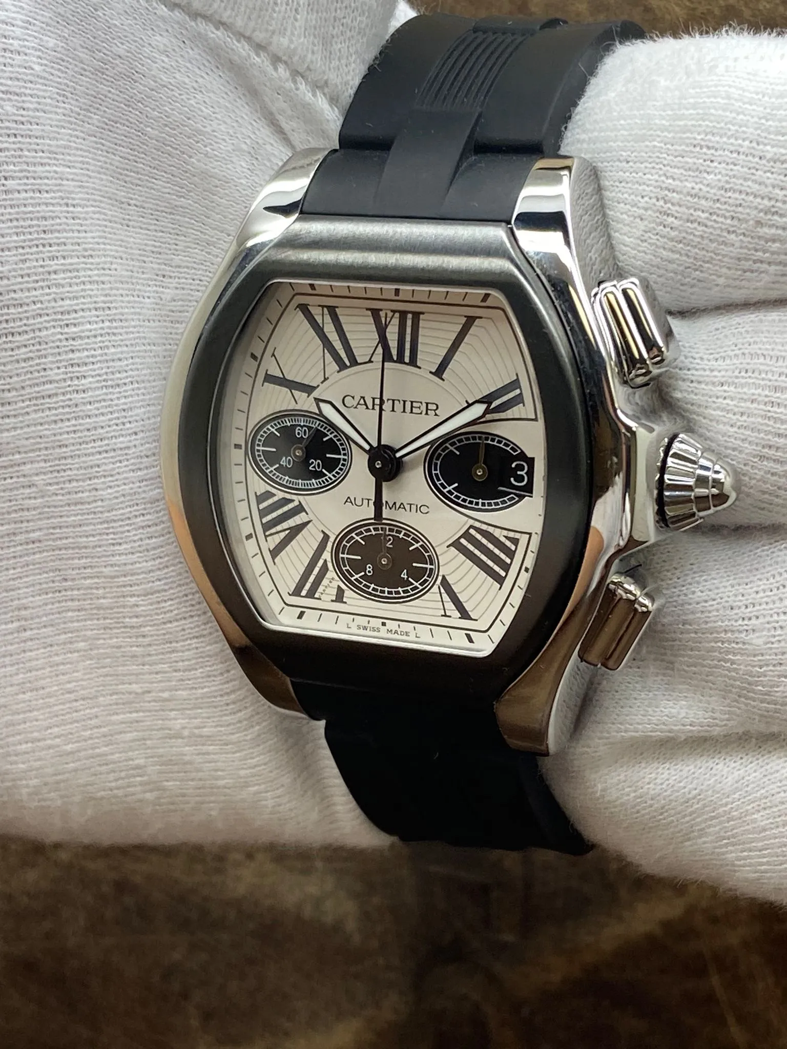 Cartier XL Roadster 3405 Chronograph W6206020 Silvered Opaline Dial Automatic Men's Watch