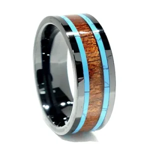 High-Tech Ceramic Band With Koa Wood and Turquoise Inlay, Size 8 (93081)