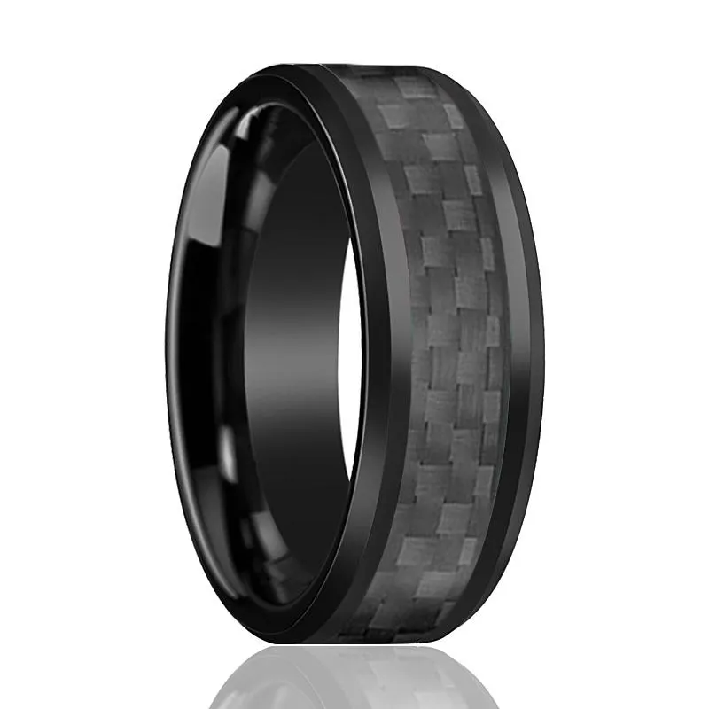 LUCIUS | Black Tungsten Ring, Black Carbon Fiber Inlay, Beveled