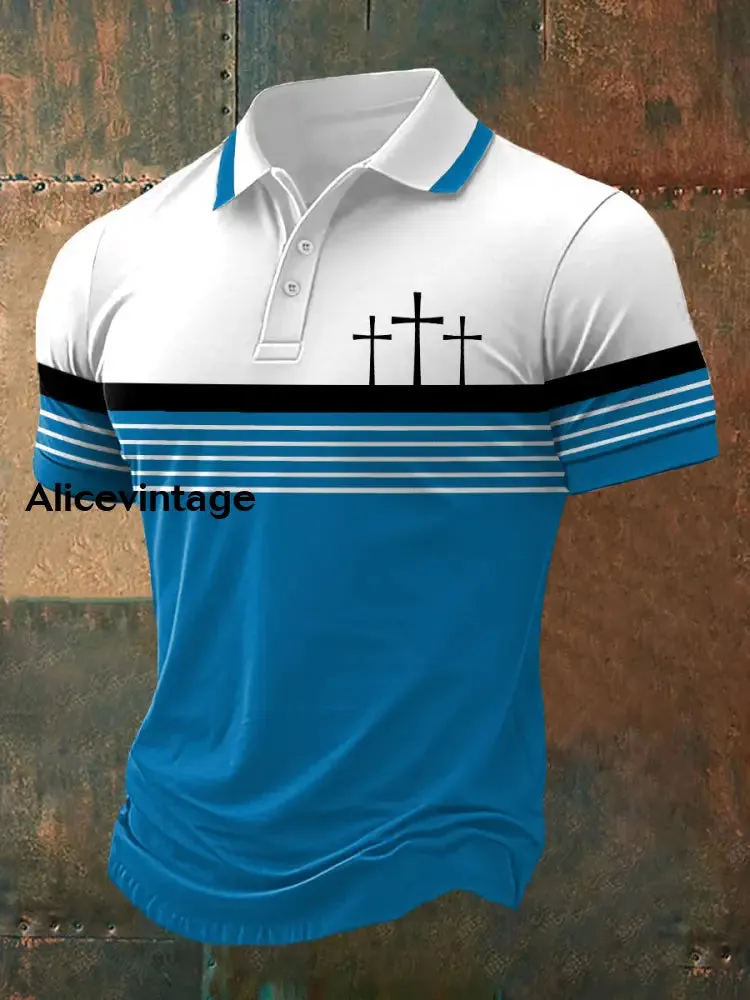 Men's Faith Cross Stripes Print Casual Polo