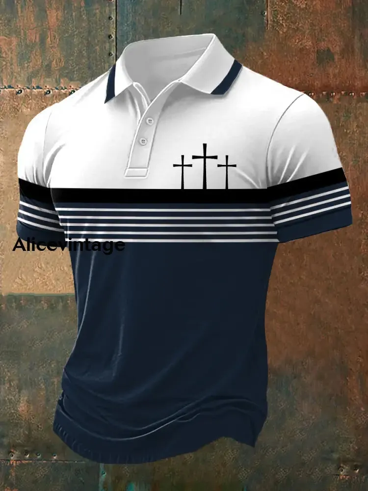 Men's Faith Cross Stripes Print Casual Polo