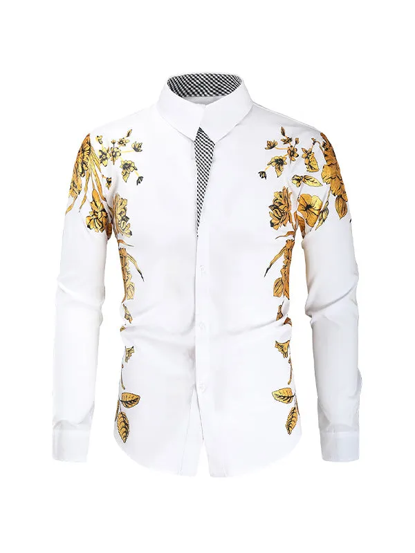Men's Gold Foil Floral Print Lapel Long Sleeve Shirt
