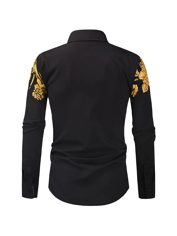 Men's Gold Foil Floral Print Lapel Long Sleeve Shirt