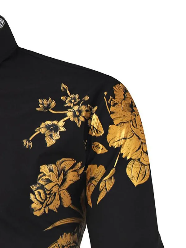 Men's Gold Foil Floral Print Lapel Long Sleeve Shirt