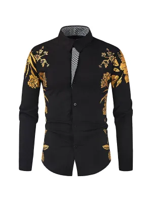 Men's Gold Foil Floral Print Lapel Long Sleeve Shirt
