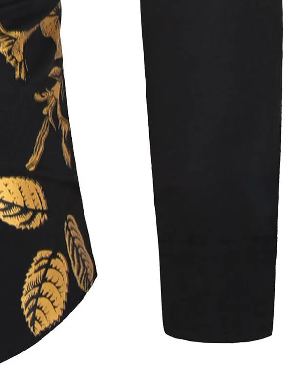 Men's Gold Foil Floral Print Lapel Long Sleeve Shirt