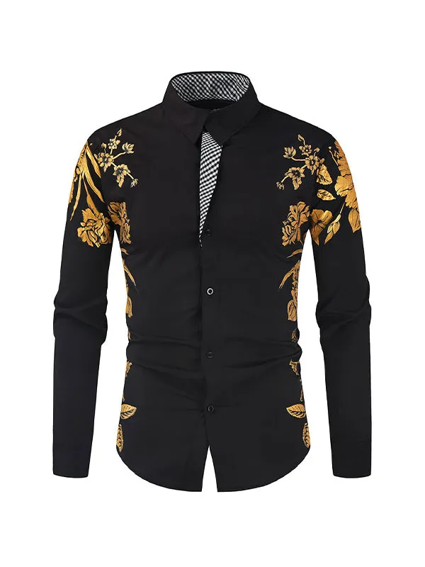 Men's Gold Foil Floral Print Lapel Long Sleeve Shirt