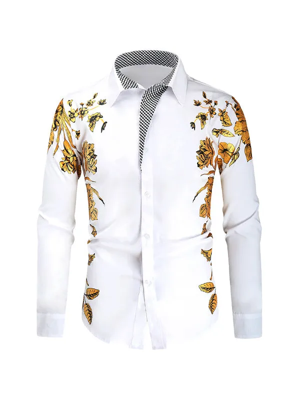 Men's Gold Foil Floral Print Lapel Long Sleeve Shirt