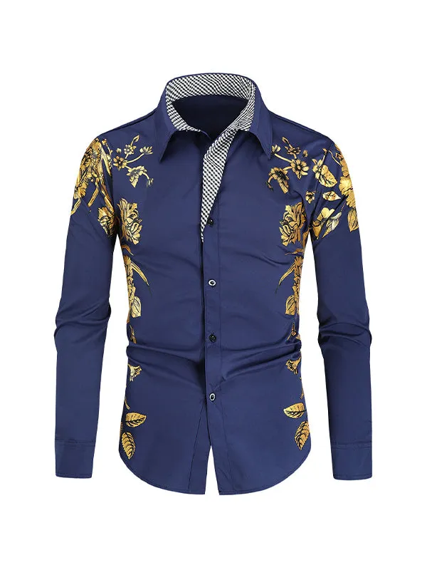 Men's Gold Foil Floral Print Lapel Long Sleeve Shirt
