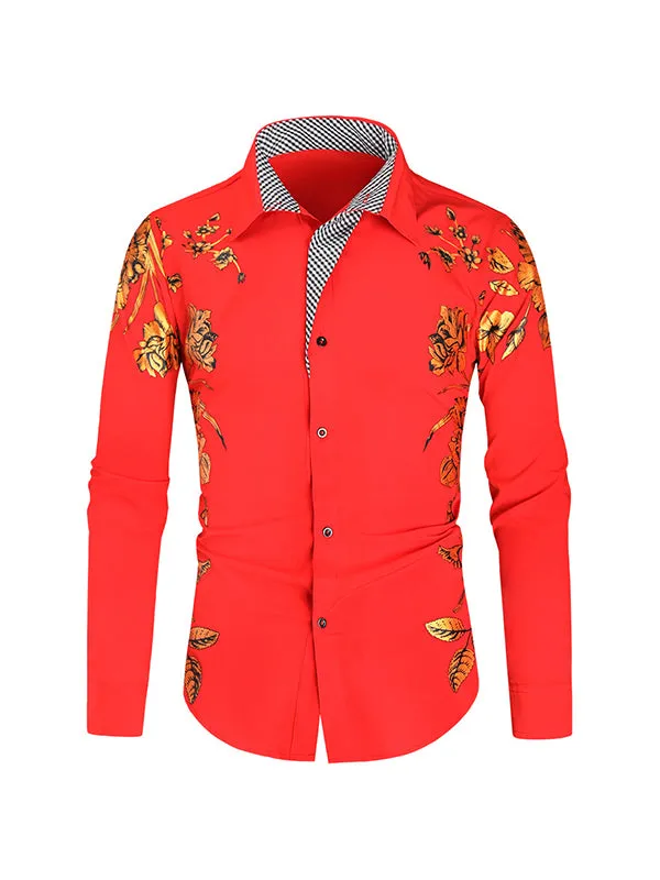 Men's Gold Foil Floral Print Lapel Long Sleeve Shirt