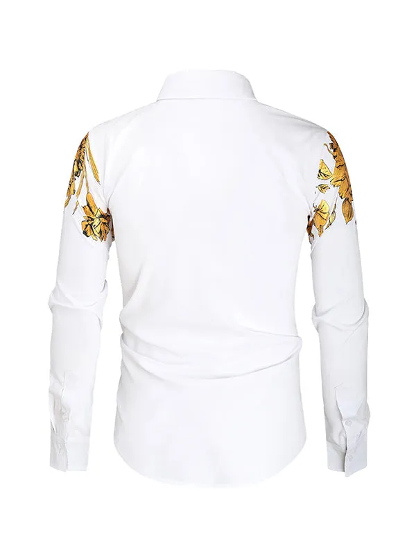 Men's Gold Foil Floral Print Lapel Long Sleeve Shirt