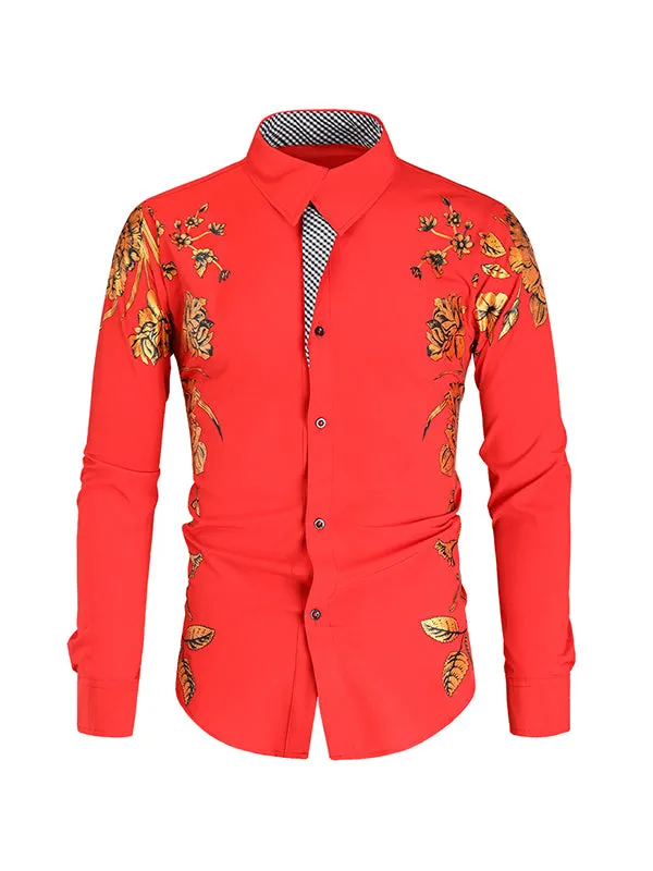 Men's Gold Foil Floral Print Lapel Long Sleeve Shirt