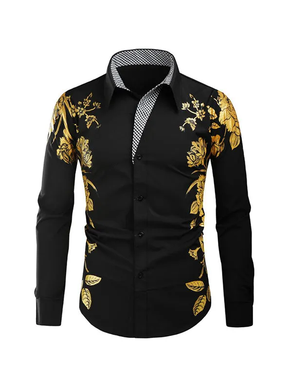 Men's Gold Foil Floral Print Lapel Long Sleeve Shirt
