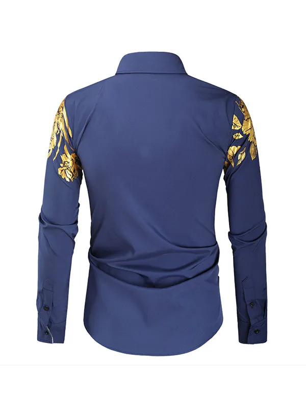 Men's Gold Foil Floral Print Lapel Long Sleeve Shirt