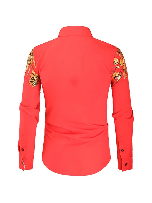 Men's Gold Foil Floral Print Lapel Long Sleeve Shirt