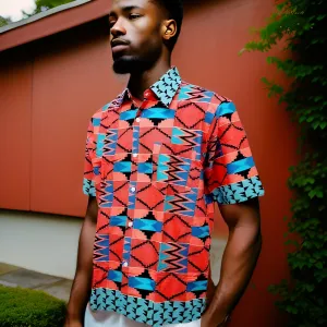 Men's Red/Black/Aqua/Blue/Fuchsia African Print Kente Shirt