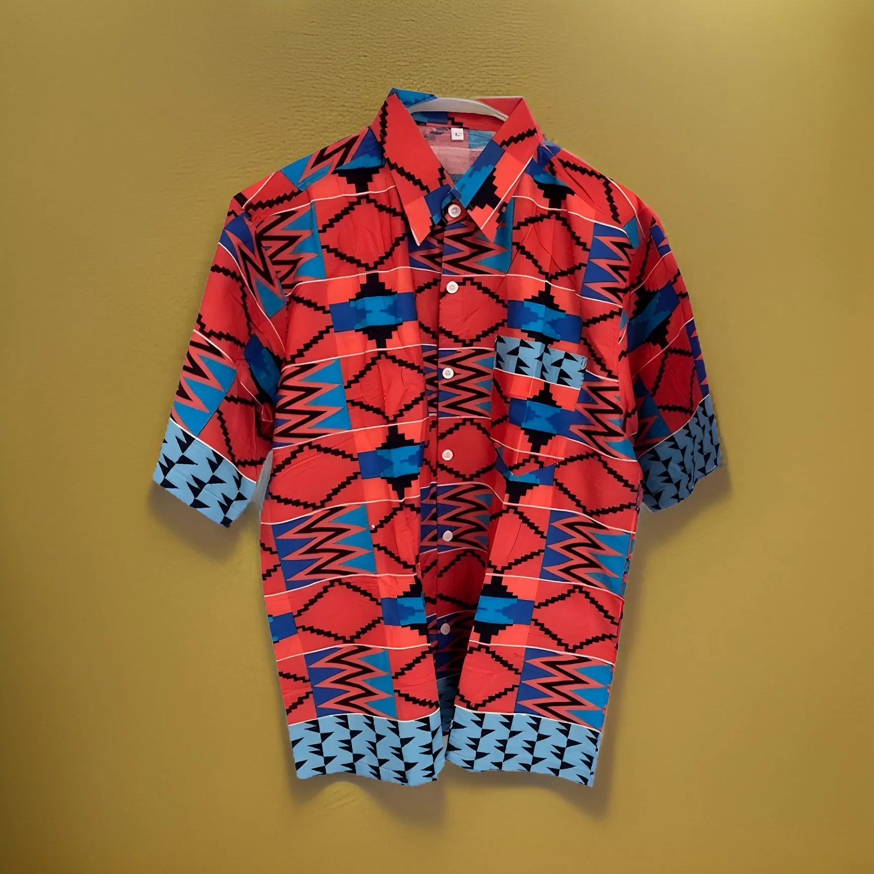 Men's Red/Black/Aqua/Blue/Fuchsia African Print Kente Shirt
