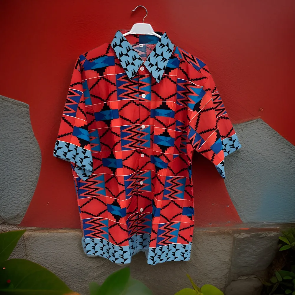 Men's Red/Black/Aqua/Blue/Fuchsia African Print Kente Shirt