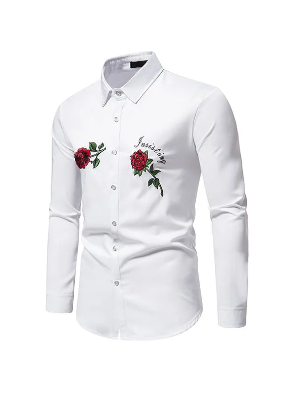 Men's Rose Embroidery Print Long Sleeve Shirt