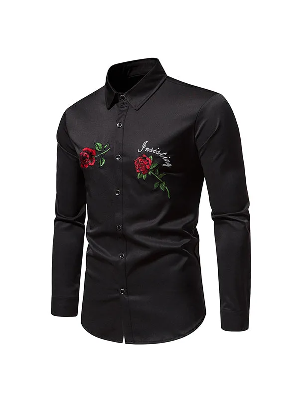 Men's Rose Embroidery Print Long Sleeve Shirt