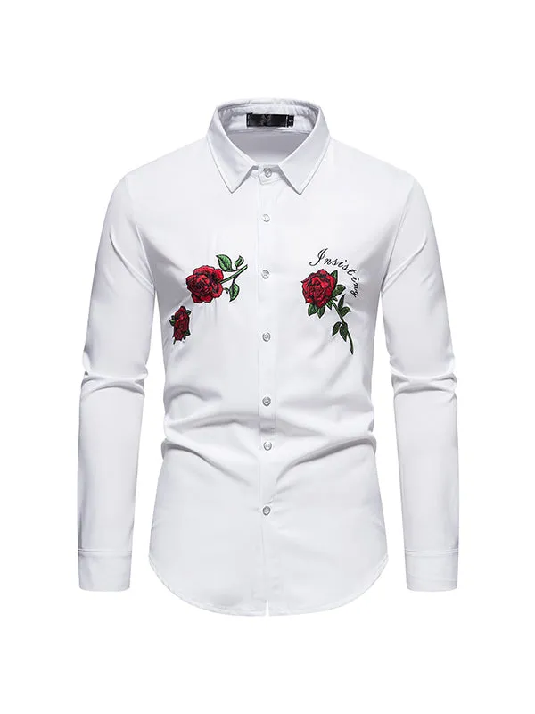 Men's Rose Embroidery Print Long Sleeve Shirt