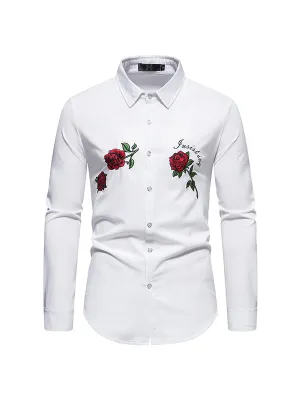 Men's Rose Embroidery Print Long Sleeve Shirt