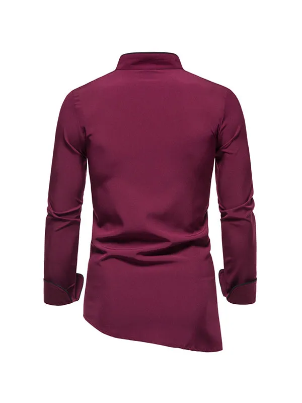 Men's Stand Collar Slanted Hem Long Sleeve Shirt