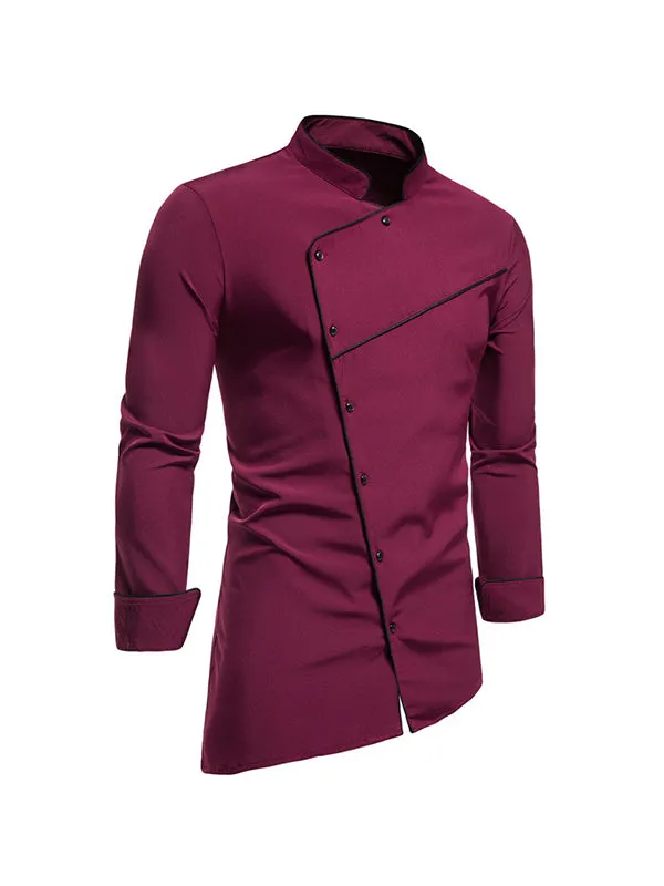 Men's Stand Collar Slanted Hem Long Sleeve Shirt