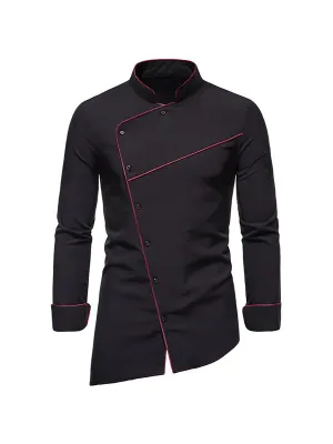 Men's Stand Collar Slanted Hem Long Sleeve Shirt