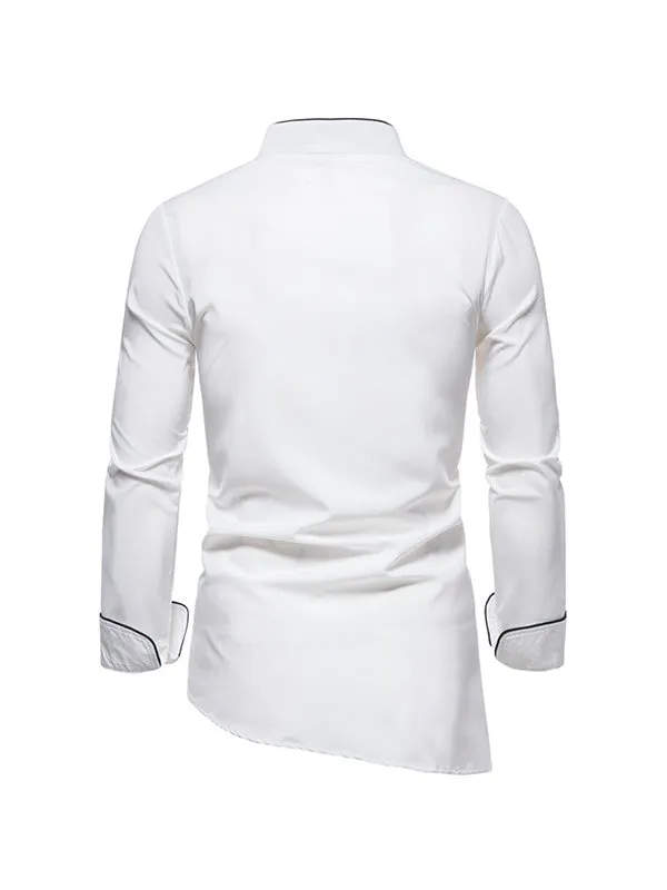 Men's Stand Collar Slanted Hem Long Sleeve Shirt