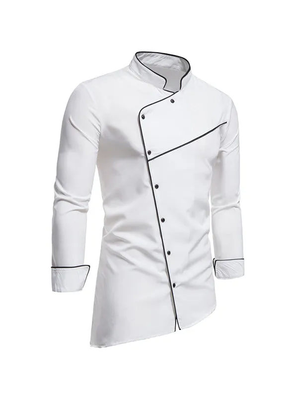Men's Stand Collar Slanted Hem Long Sleeve Shirt