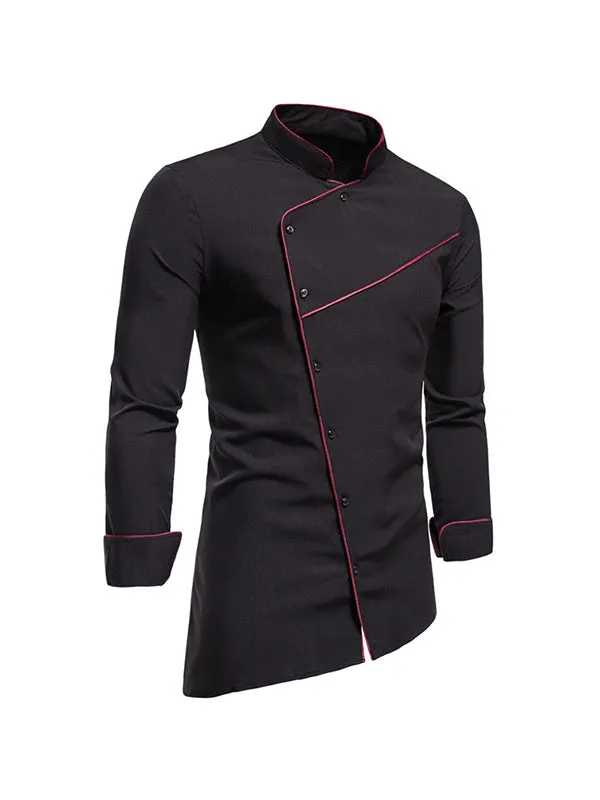 Men's Stand Collar Slanted Hem Long Sleeve Shirt