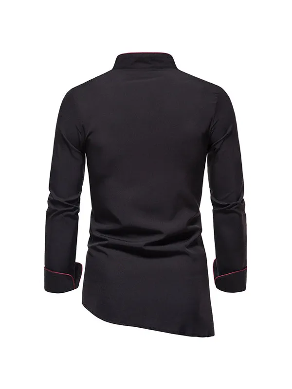 Men's Stand Collar Slanted Hem Long Sleeve Shirt