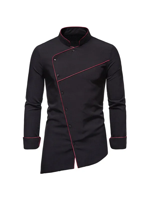 Men's Stand Collar Slanted Hem Long Sleeve Shirt