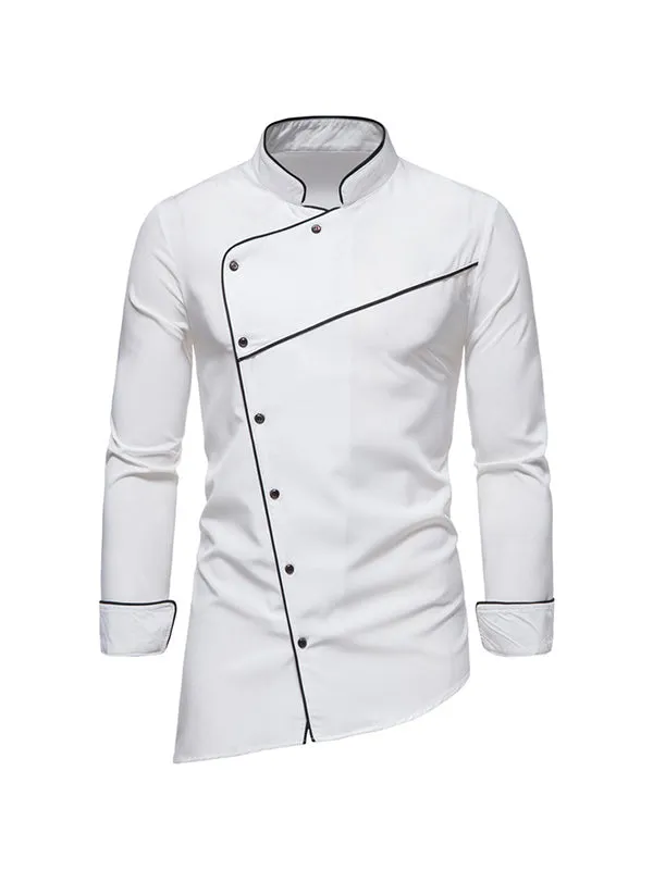 Men's Stand Collar Slanted Hem Long Sleeve Shirt