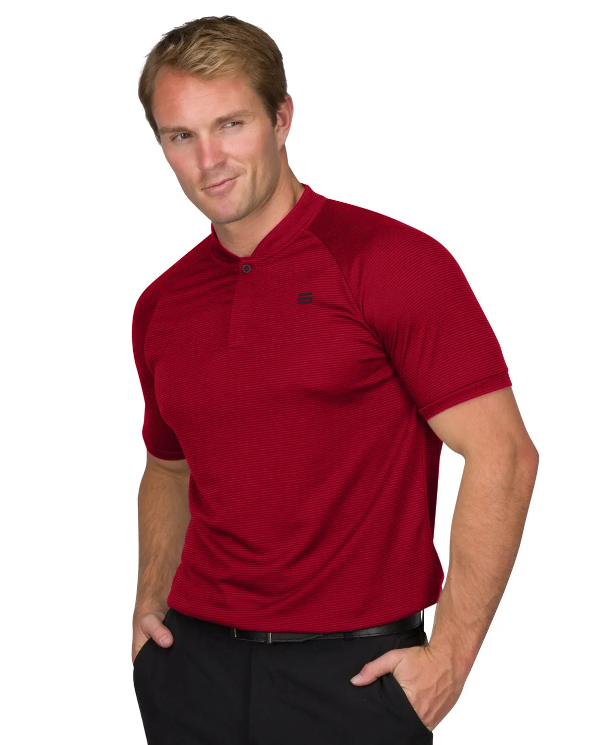 MEN'S THIN-STRIPED COLLARLESS GOLF POLOS