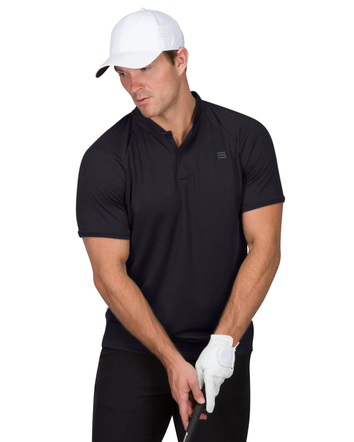 MEN'S THIN-STRIPED COLLARLESS GOLF POLOS