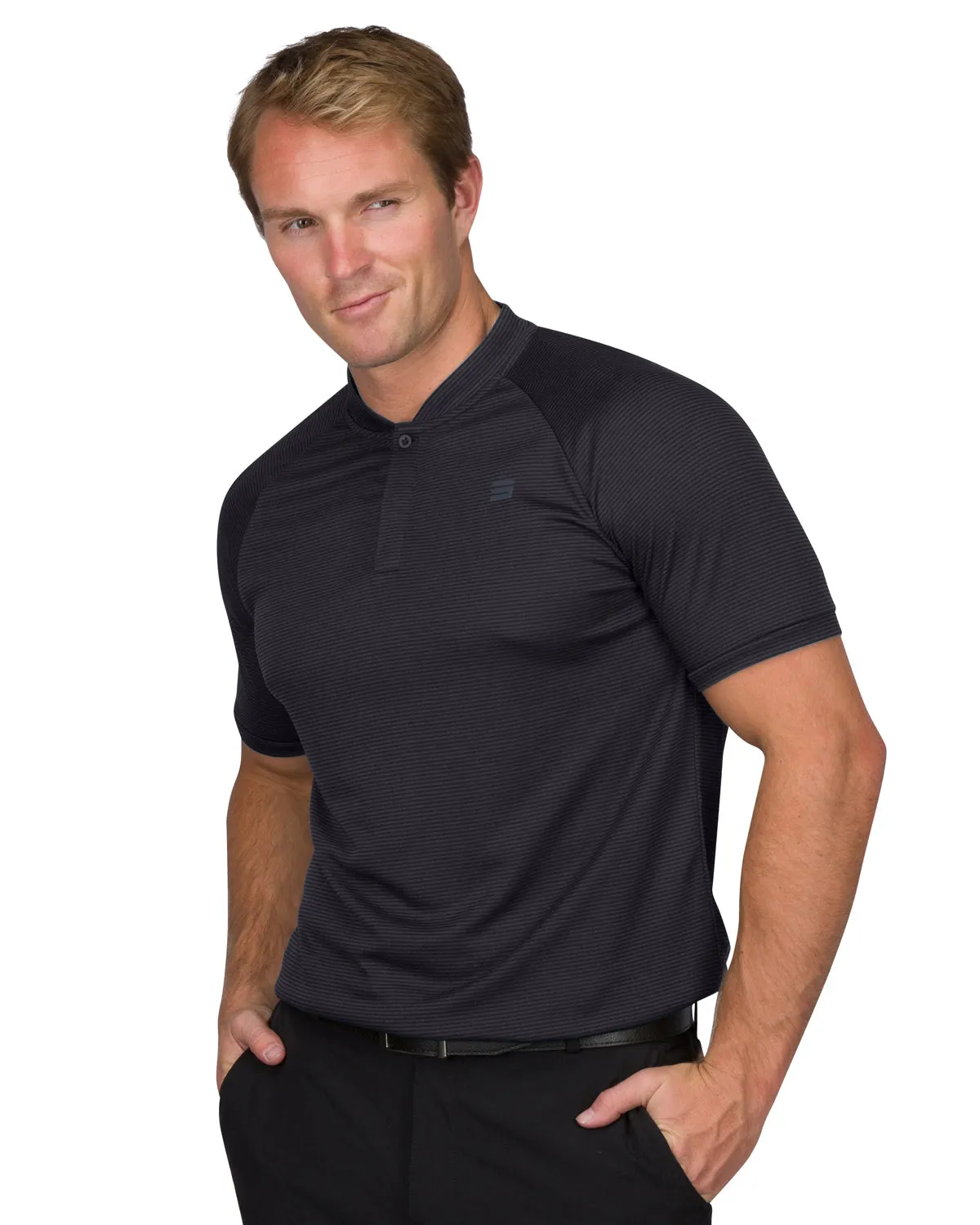 MEN'S THIN-STRIPED COLLARLESS GOLF POLOS