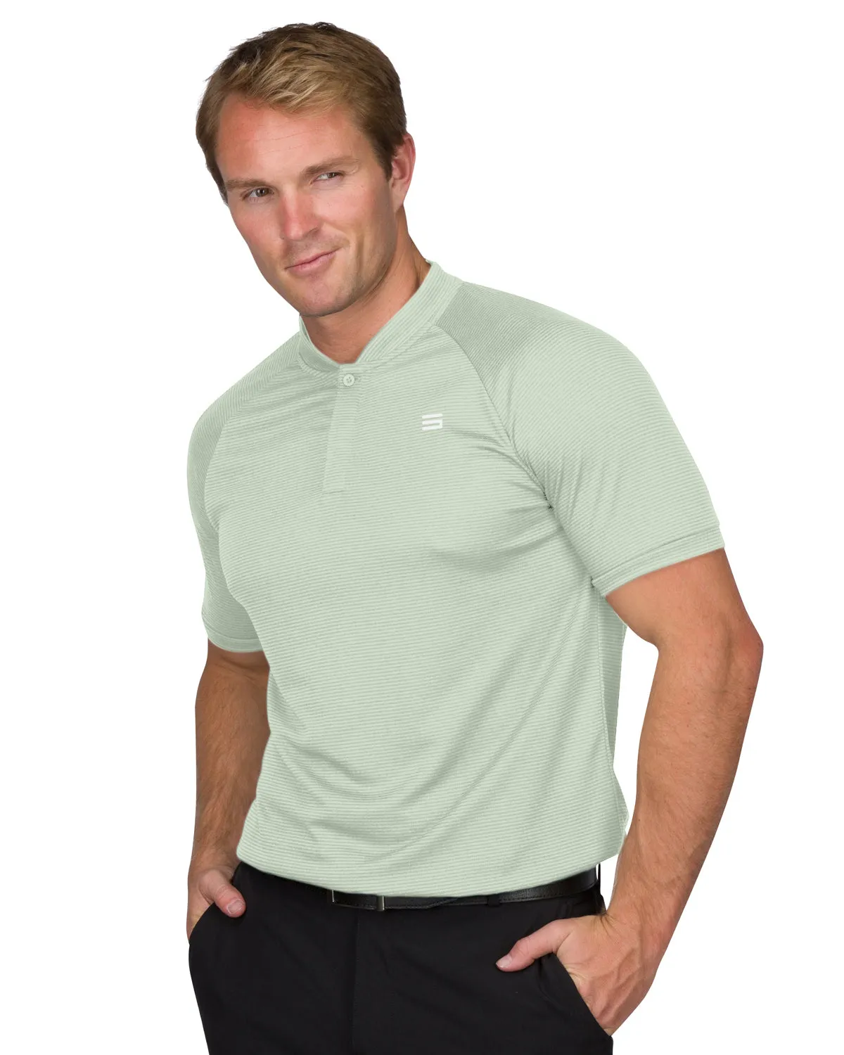 MEN'S THIN-STRIPED COLLARLESS GOLF POLOS