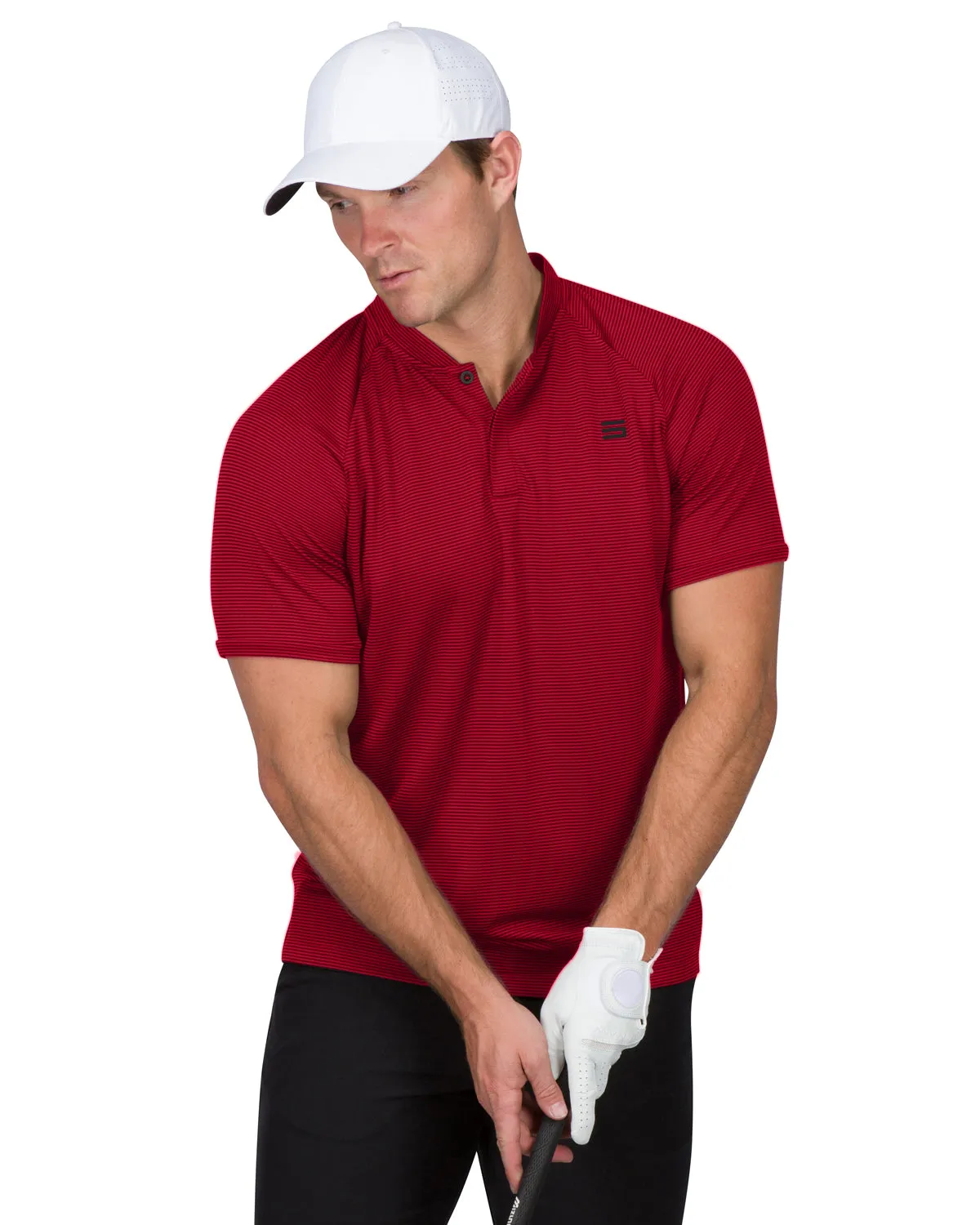 MEN'S THIN-STRIPED COLLARLESS GOLF POLOS