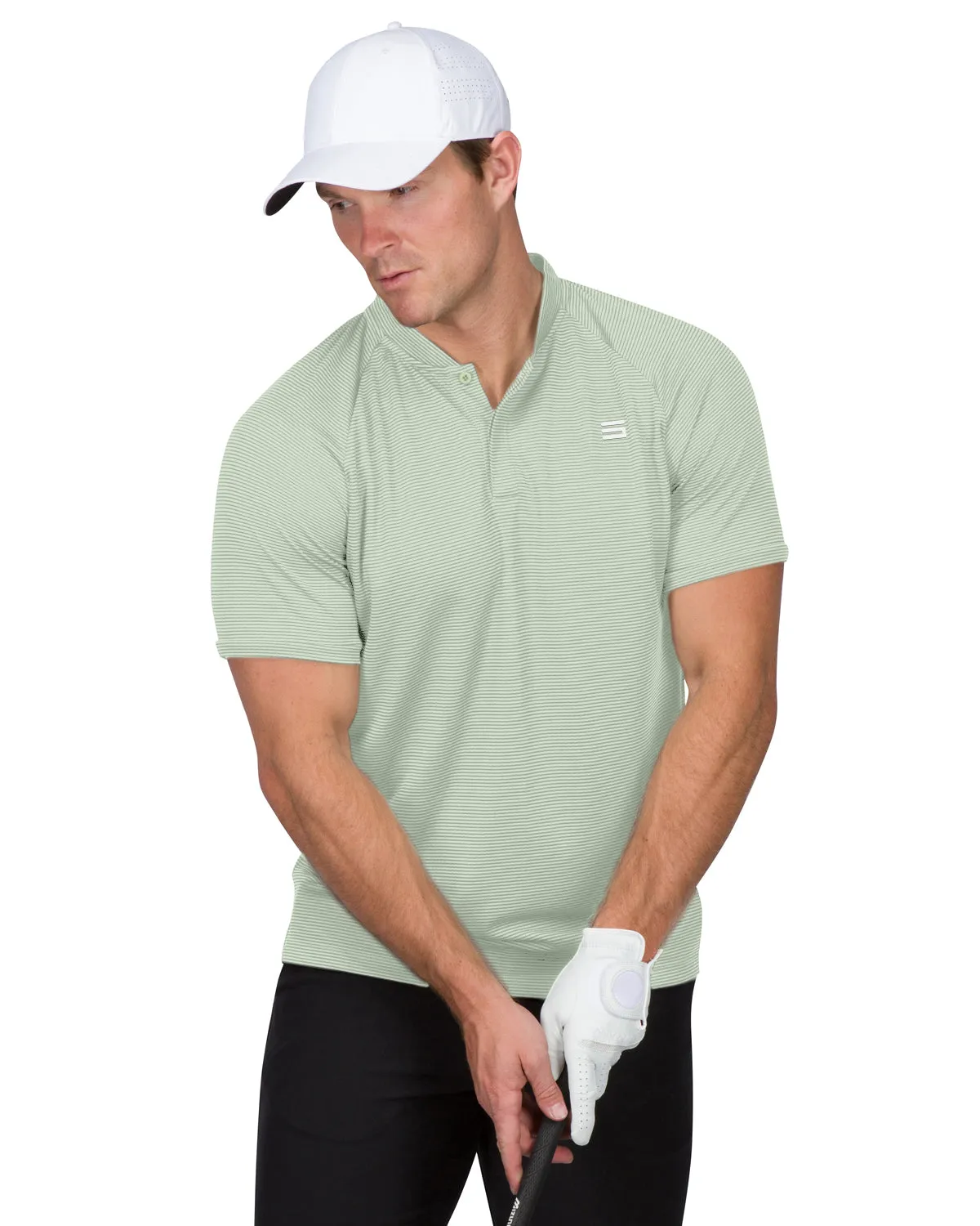 MEN'S THIN-STRIPED COLLARLESS GOLF POLOS